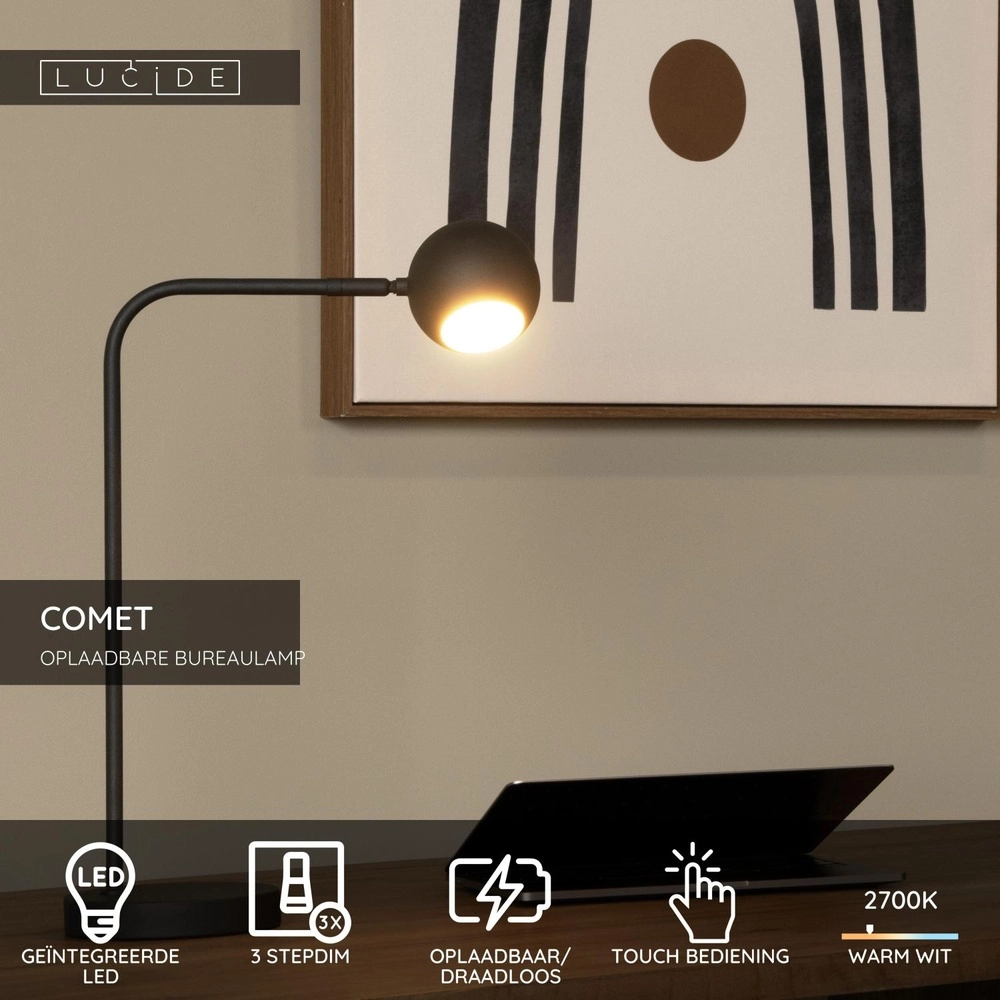 Lampe de bureau rechargeable Comet Noir Lucide 5411212361288