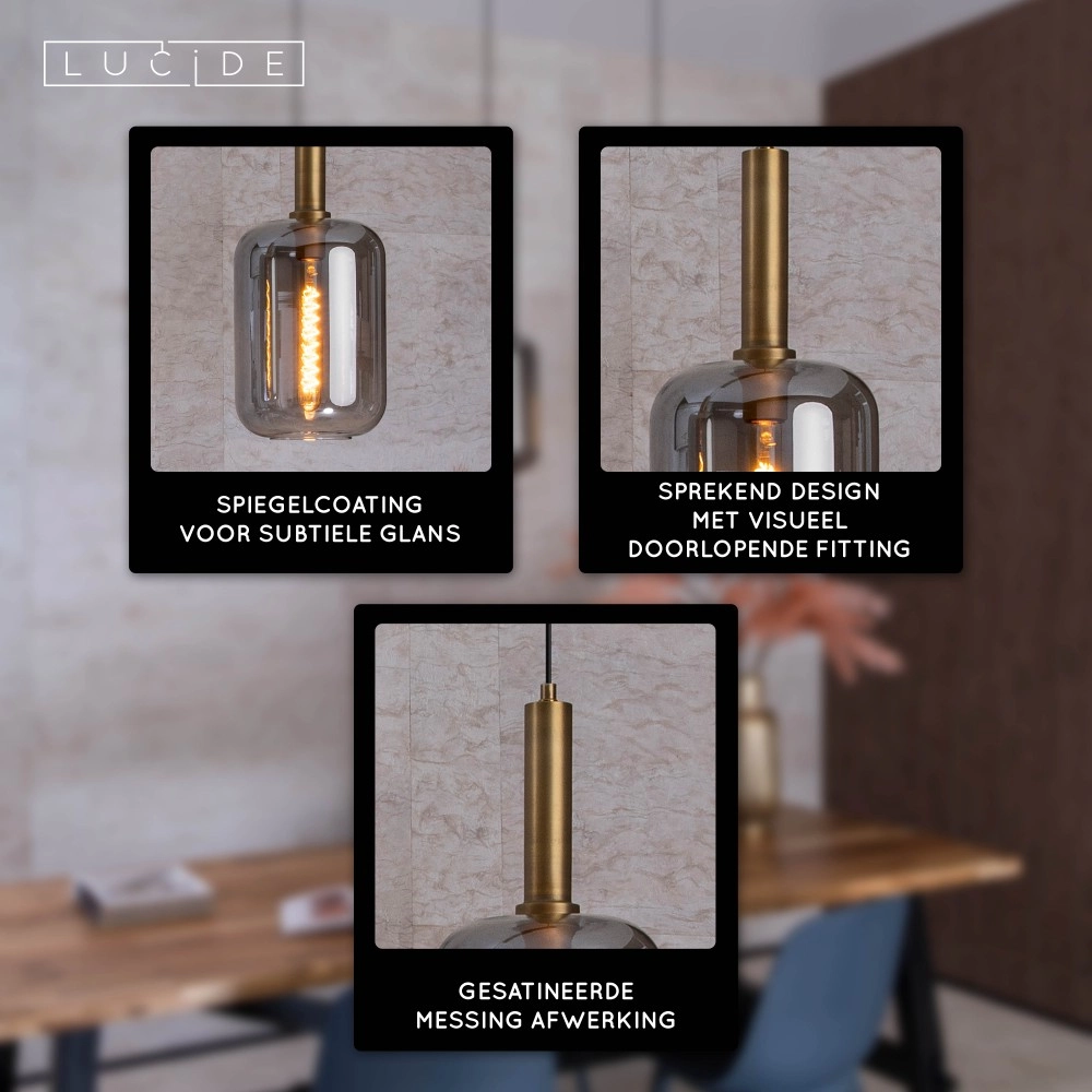 Lampe pendante à 3 liches Joanet Or droit avec verre fumé Lucide 5411212451989
