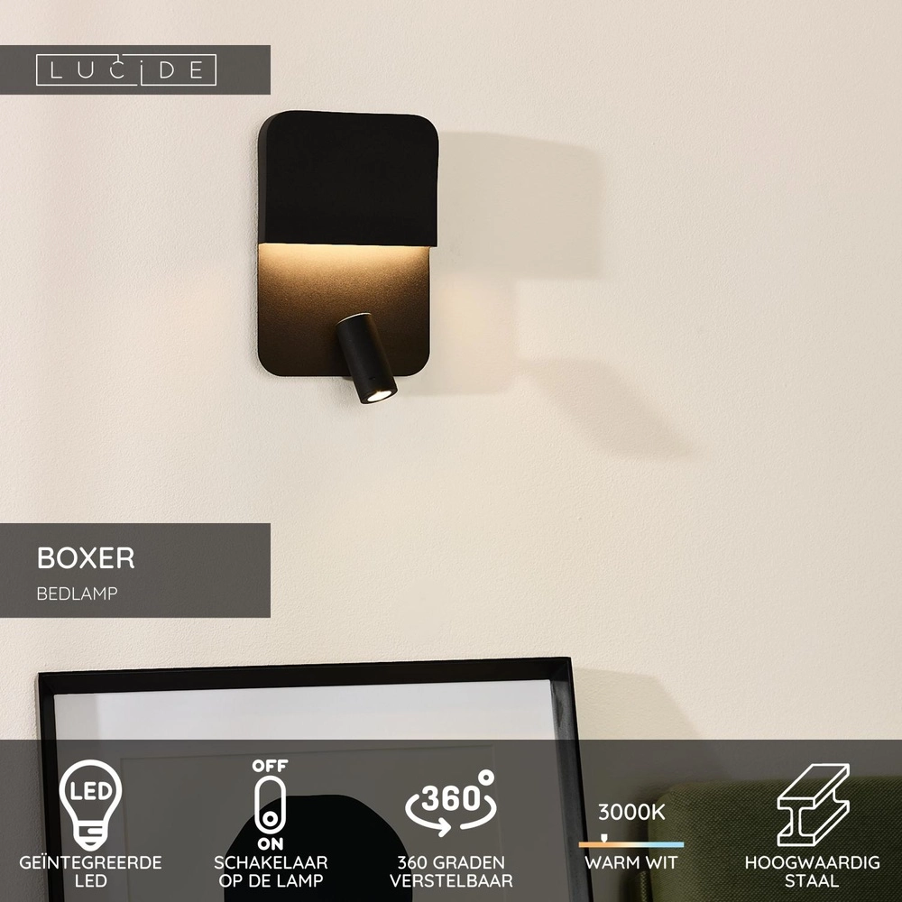 Lampe de chevet Boxer noir avec un point de charge USB Lucide 5411212791535
