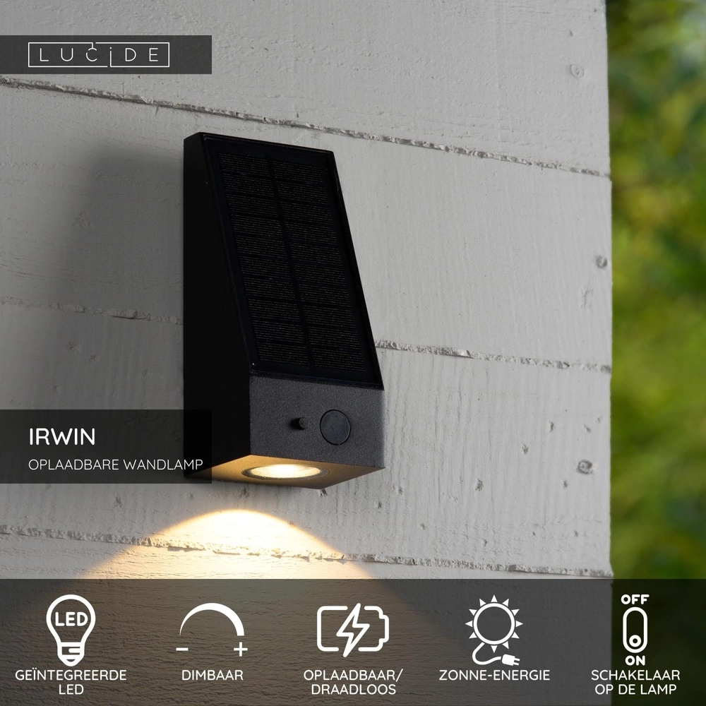 Éclairage mural solaire Irwin Noir avec capteur Lucide 5411212152114