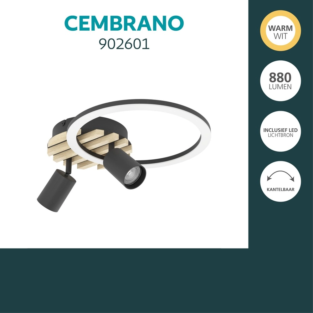 Lampe de plafond moderne Cembrano noir avec bois 38,5 x 30 cm Eglo 9008606388257