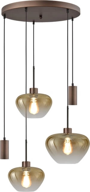 Suspension 5 lumières Genua marron avec 2x verre doré Ø 24cm - 1x Ø 29cm et 2x pendentif