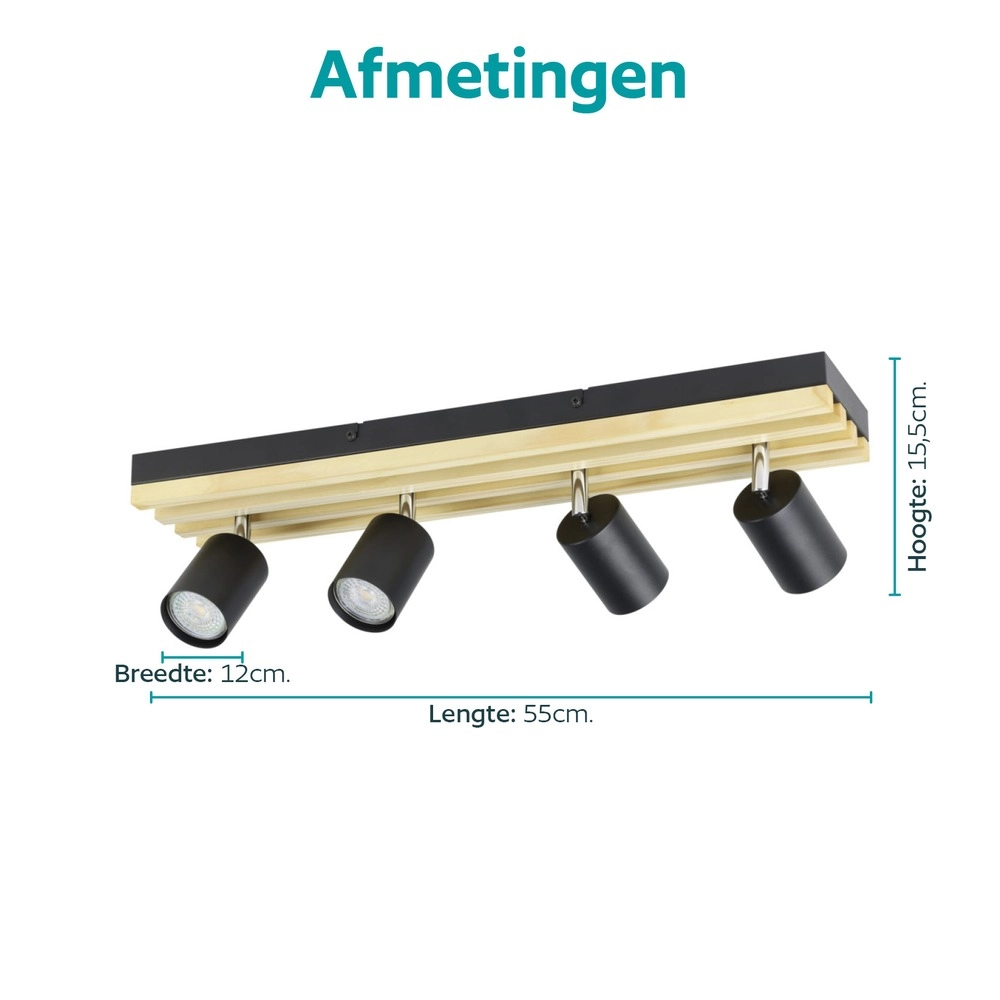 Projecteur moderne Cembrano 4-noir clair avec bois Eglo 9008606389063
