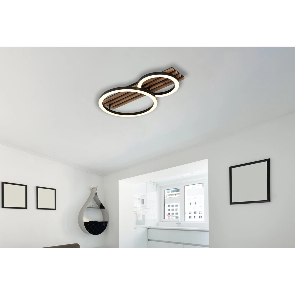 Lampe de plafond Tisha 2 anneaux noirs avec du bois Globo 9007371525577