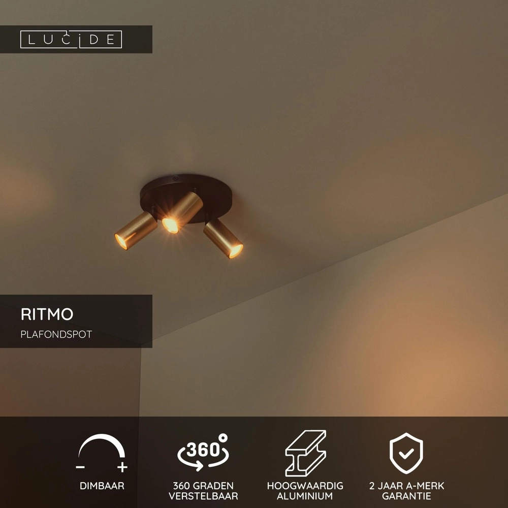 Projecteur de plafond Ritmo mini GU10 3-light gold Lucide 5411212094018