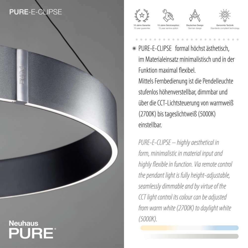 Lampe suspendue ronde Pure E-Clipse gris Ø 70cm Paul Neuhaus 4012248372340