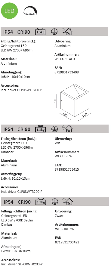 Éclairage LED haut et bas Cube 10 cm - blanc Artdelight 8719831733415