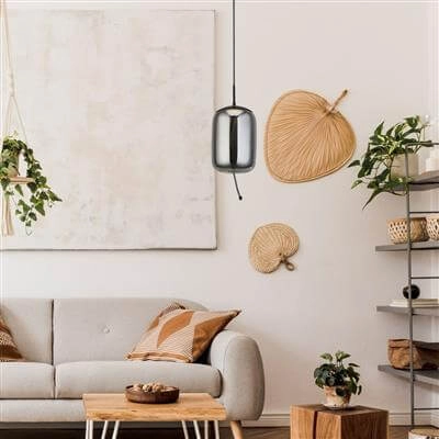 Lampe suspendue Verre Lisbon noir avec verre cylindrique fumé Searchlight 5053423190341