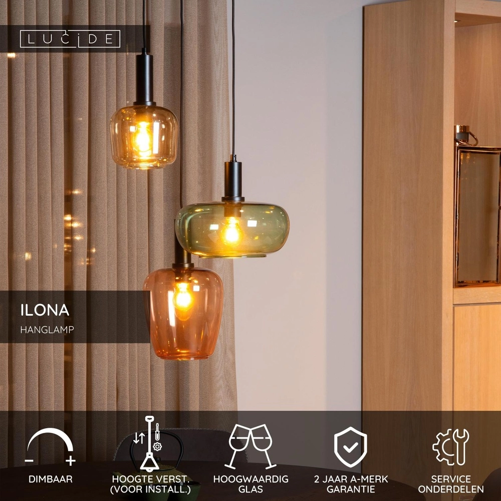 Lampe pendante à 3 lampes Ilona noir avec lentilles colorées Lucide 5411212452740