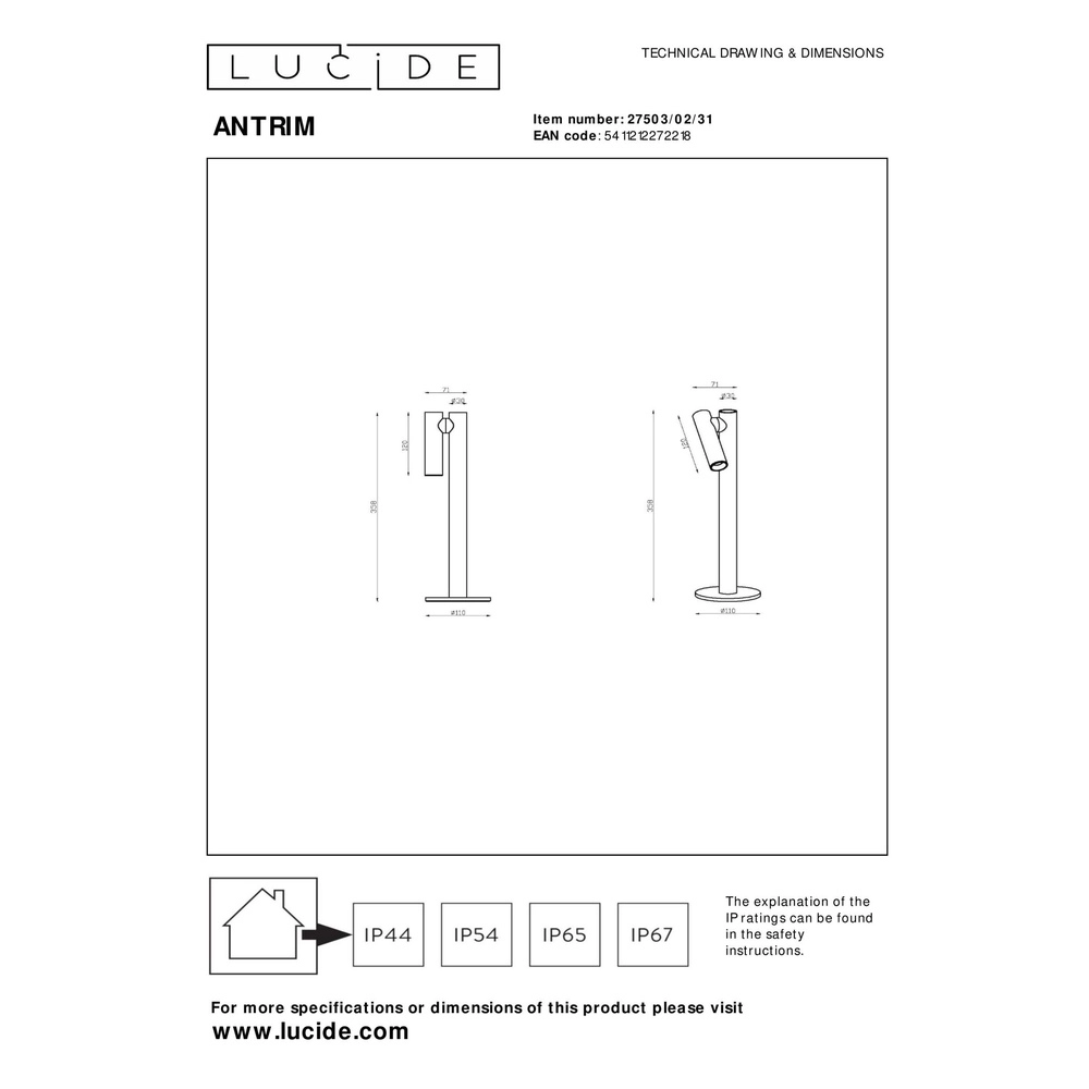 Lampe de table rechargeable Antrim IP54 blanc Lucide 5411212272218