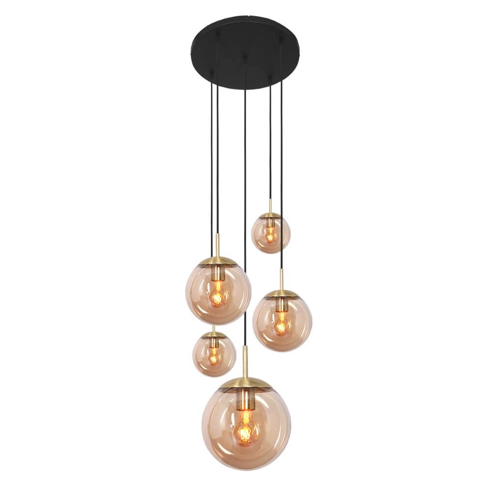 Lampe suspendue loft 5 lumières Bolique or avec verre ambré