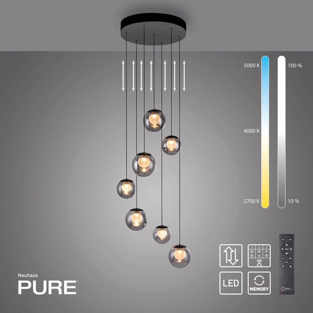 Lampe suspendue à 7 lampes Pure Popup Gris mystique Paul Neuhaus 4012248396674