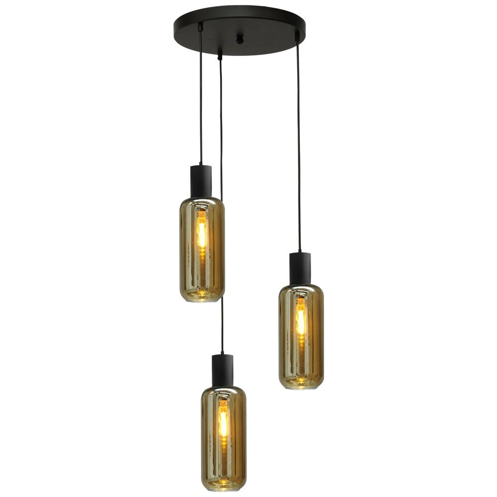 Lampe suspendue Bounty 3 lumières noir avec verre fumé