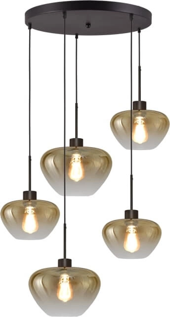 Suspension 5 lumières Genua noir avec 3x verre doré Ø 24cm et 2x Ø 29cm