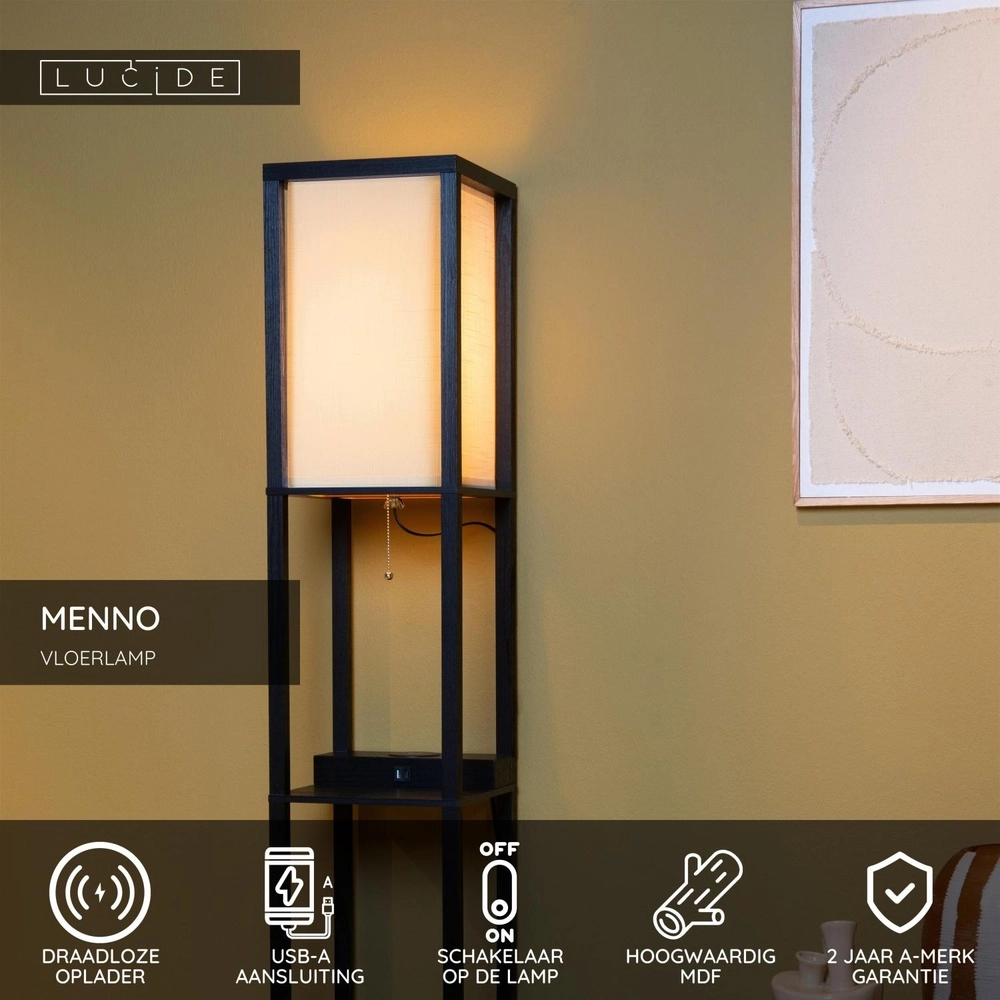 Lampe de pied Menno avec le panneau de recharge sans fil noir Lucide 5411212441607