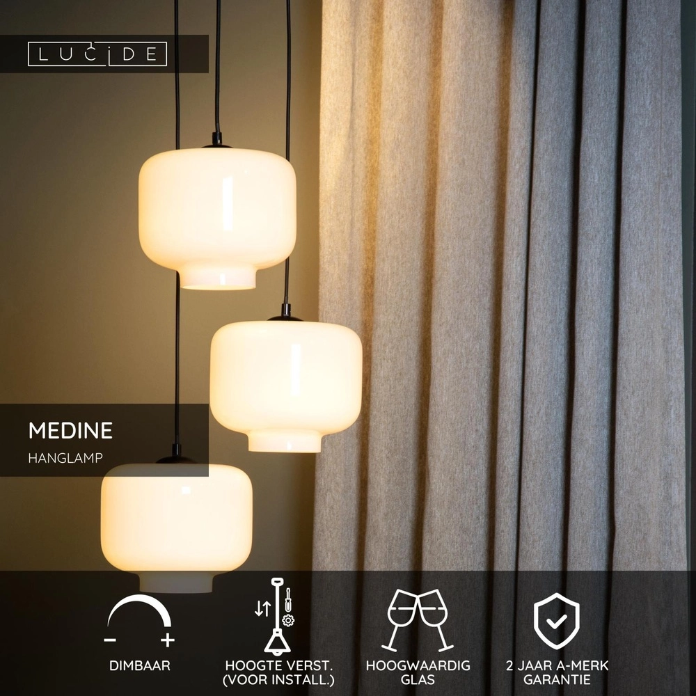Lampe pendante ronde Medine 3-noir clair avec opale Lucide 5411212460981