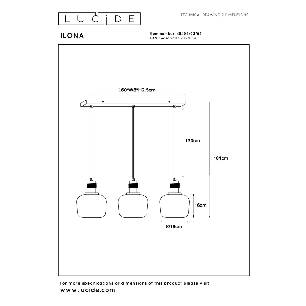 Lampe pendante à 3 lampes Ilona noir avec verre ambré Lucide 5411212452689