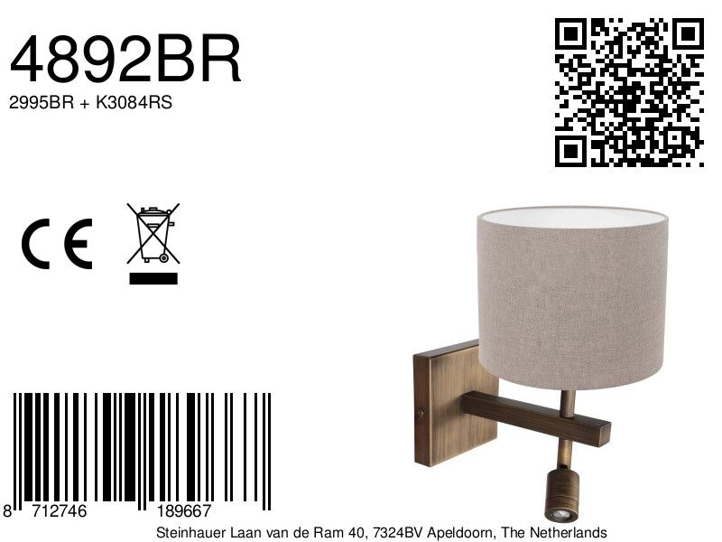 Lampe murale Stang avec capuche grise Steinhauer 8712746189667