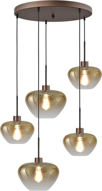 Suspension 5 lumières Genua marron avec 3x verre doré Ø 24cm et 2x Ø 29cm