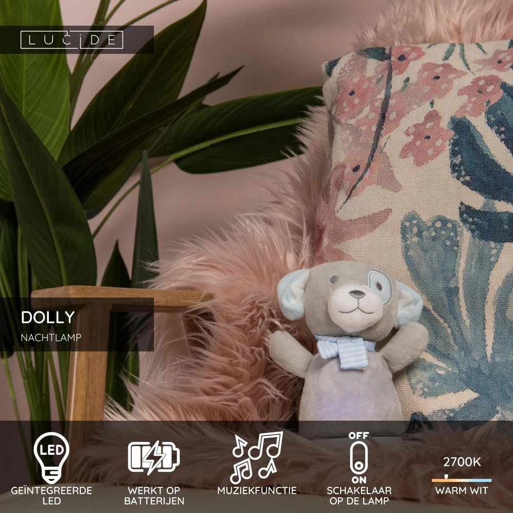 Veilleuse Dolly Fonctionnant à piles avec fonction musique - gris Lucide 5411212771469