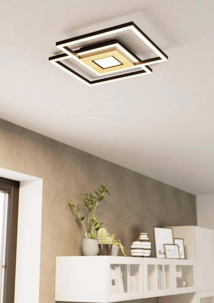 Plafonnier LED Marinello noir avec du bois Eglo 9008606327881