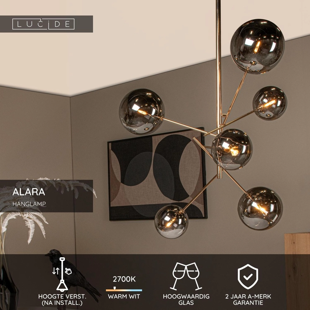Lampe suspendue à 6 lampes Alara Or avec boules de fumée Lucide 5411212461025