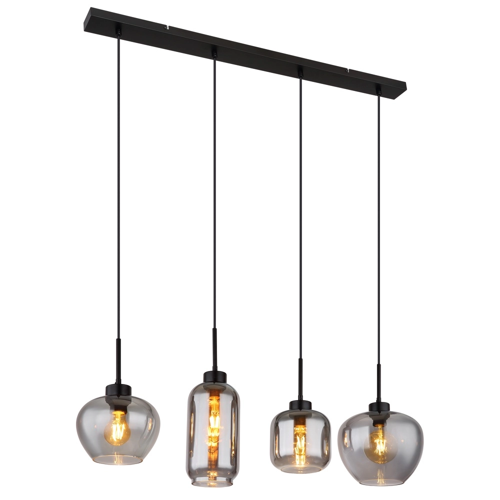 Lampe suspendue à 4 lumières Matt noir avec verre fumé