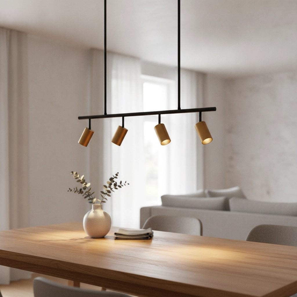 Suspension Pogno Noir à 4 lumières avec droit doré