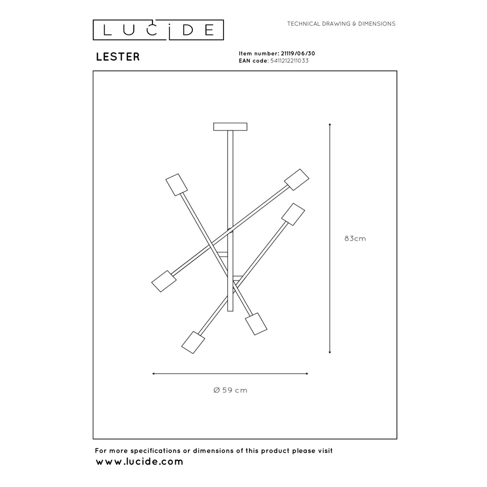 Lampe de plafond Lester Noirs à 6 feux Lucide 5411212211033