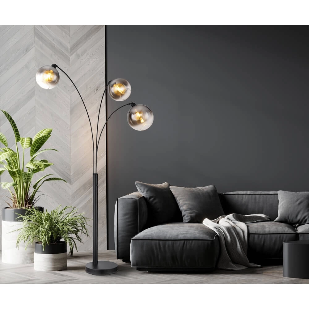 Lampadaire noir Newcastle Sphère Smoke Glass 3 lumières Globo 9007371449798