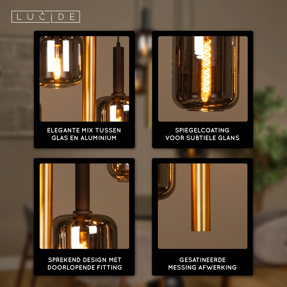 Lampe suspendue à 4 lumières Joanet Ø 65 cm d’or avec verre fumé Lucide 5411212452924