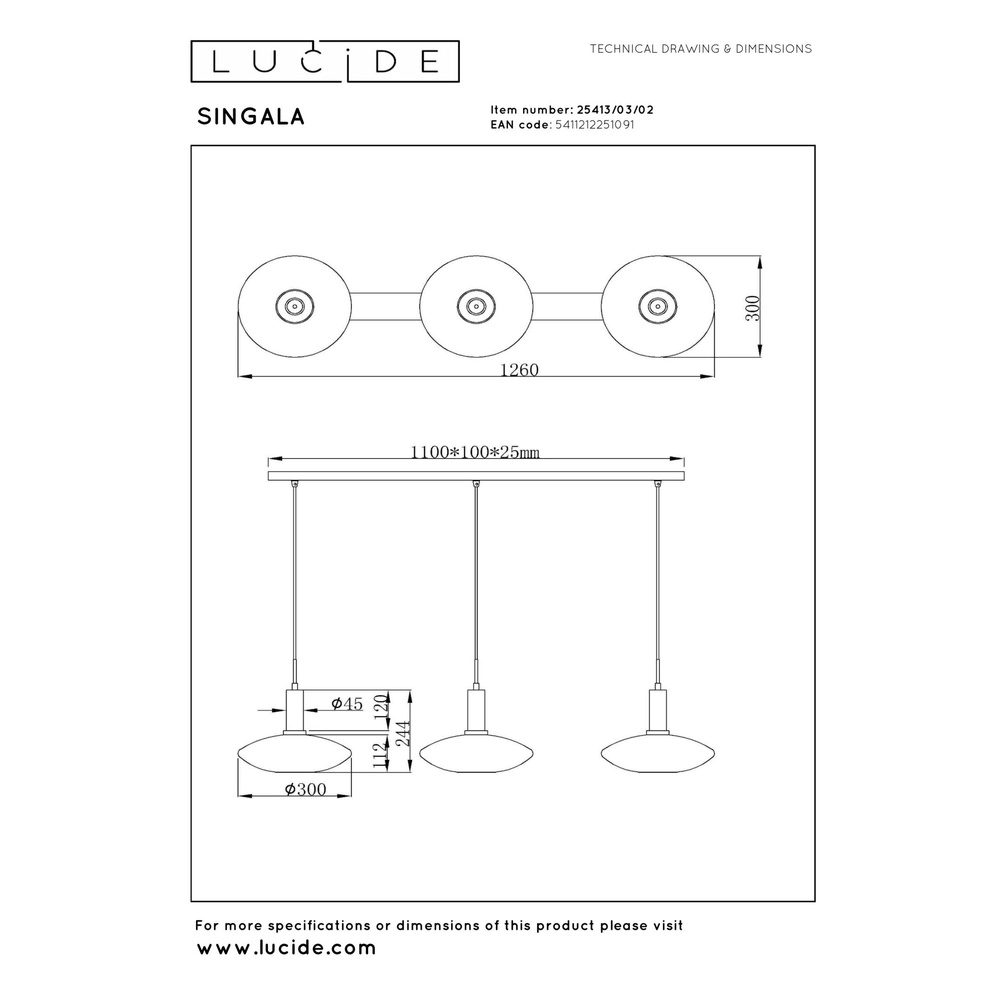 Lampe pendante de conception Singala Or droit à trois lumières avec blanc Lucide 5411212251091
