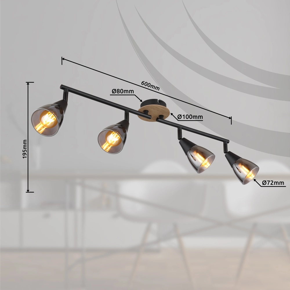 Lampe de plafond à 4 lumières Mubby noir avec un aspect bois Globo 9007371451869
