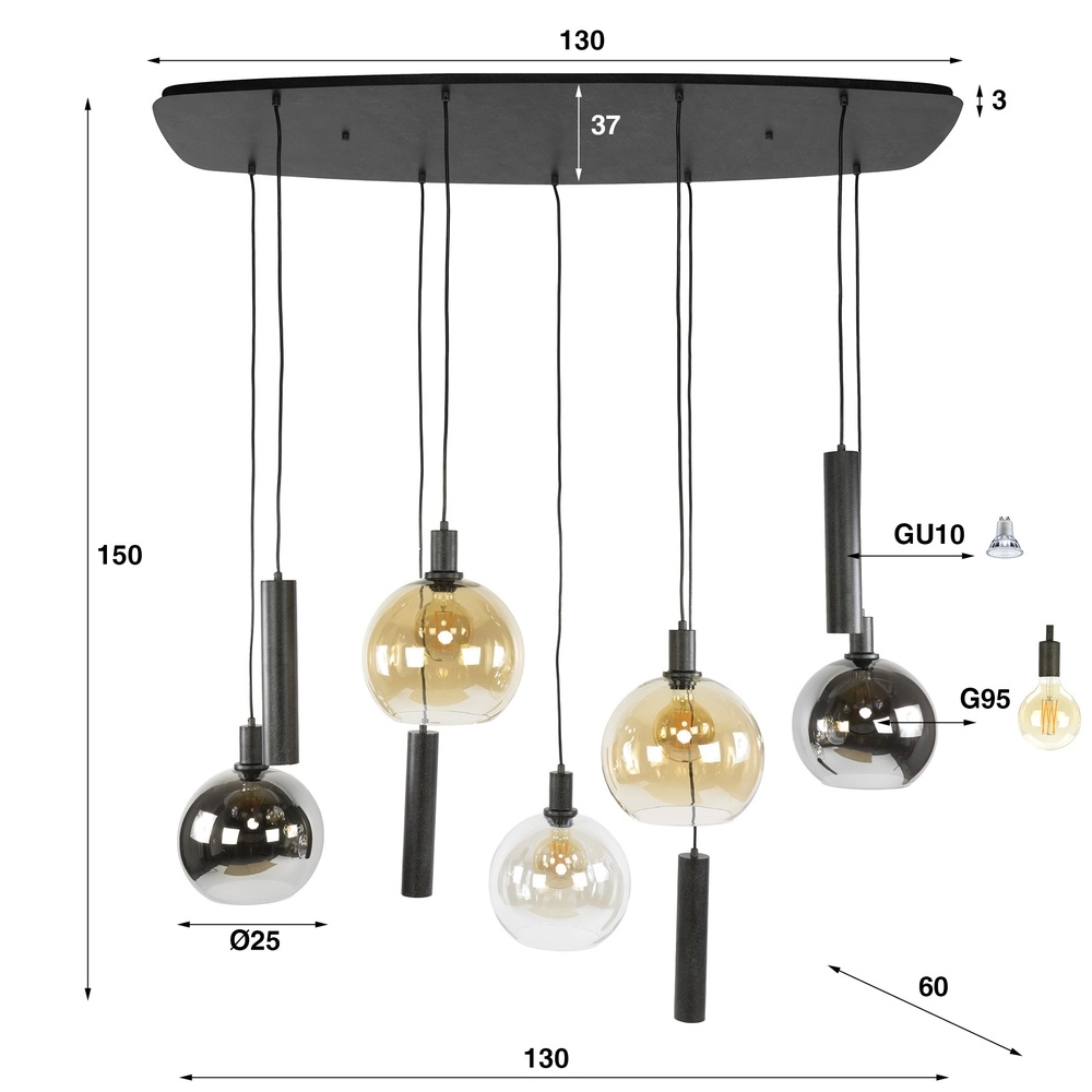 Lampe pendante de table à manger Sfera avec des boules et pendentifs en verre coloré Lyora 8716803512405