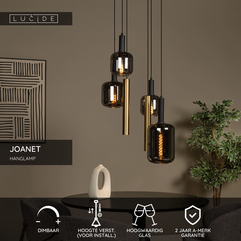 Lampe suspendue à 4 lumières Joanet Ø 65 cm d’or avec verre fumé Lucide 5411212452924