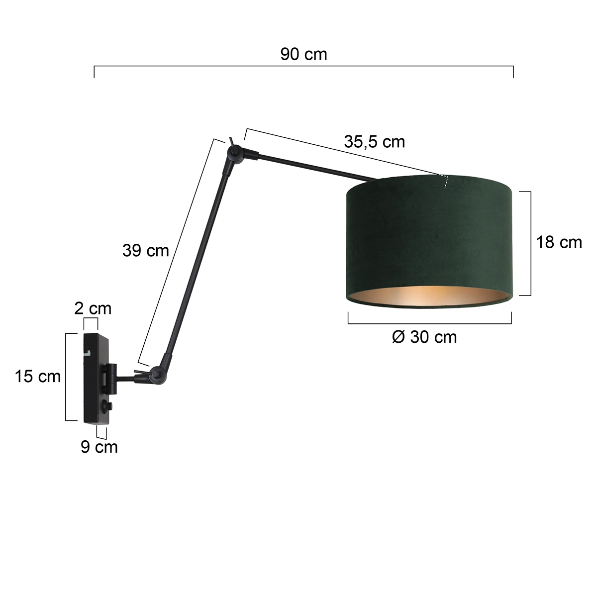Lampe de lecture murale Prestige Chic noir avec abat-jour en velours vert de 30 cm Steinhauer 8712746145915