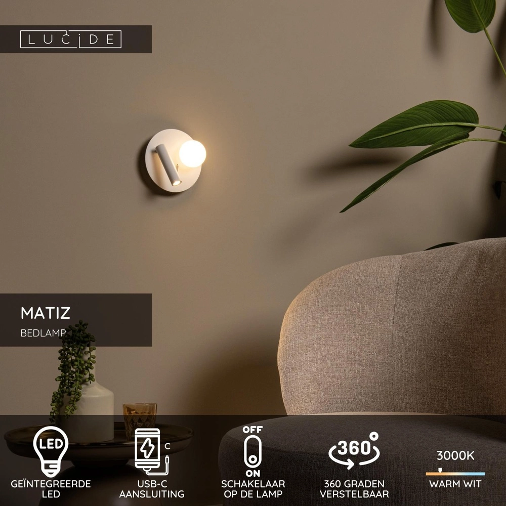 Lampe de chevet conçue Matiz blanc avec point de charge USB Lucide 5411212771339