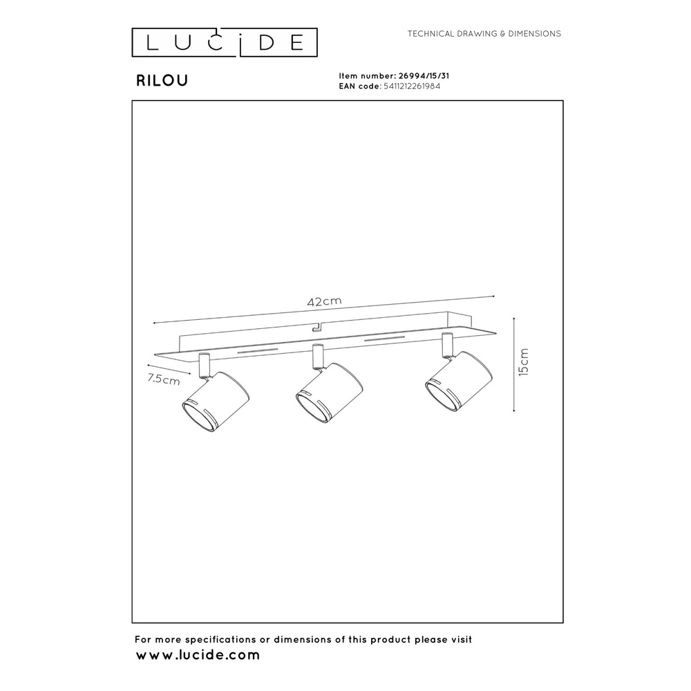 Projecteur de plafond Rilou Blanc dimmable à 3 lumières Lucide 5411212261984