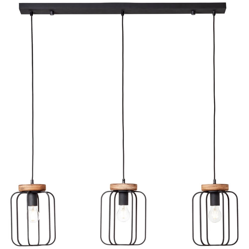Lampe suspendue Tosh Beam 3 lumières noir avec bois marron