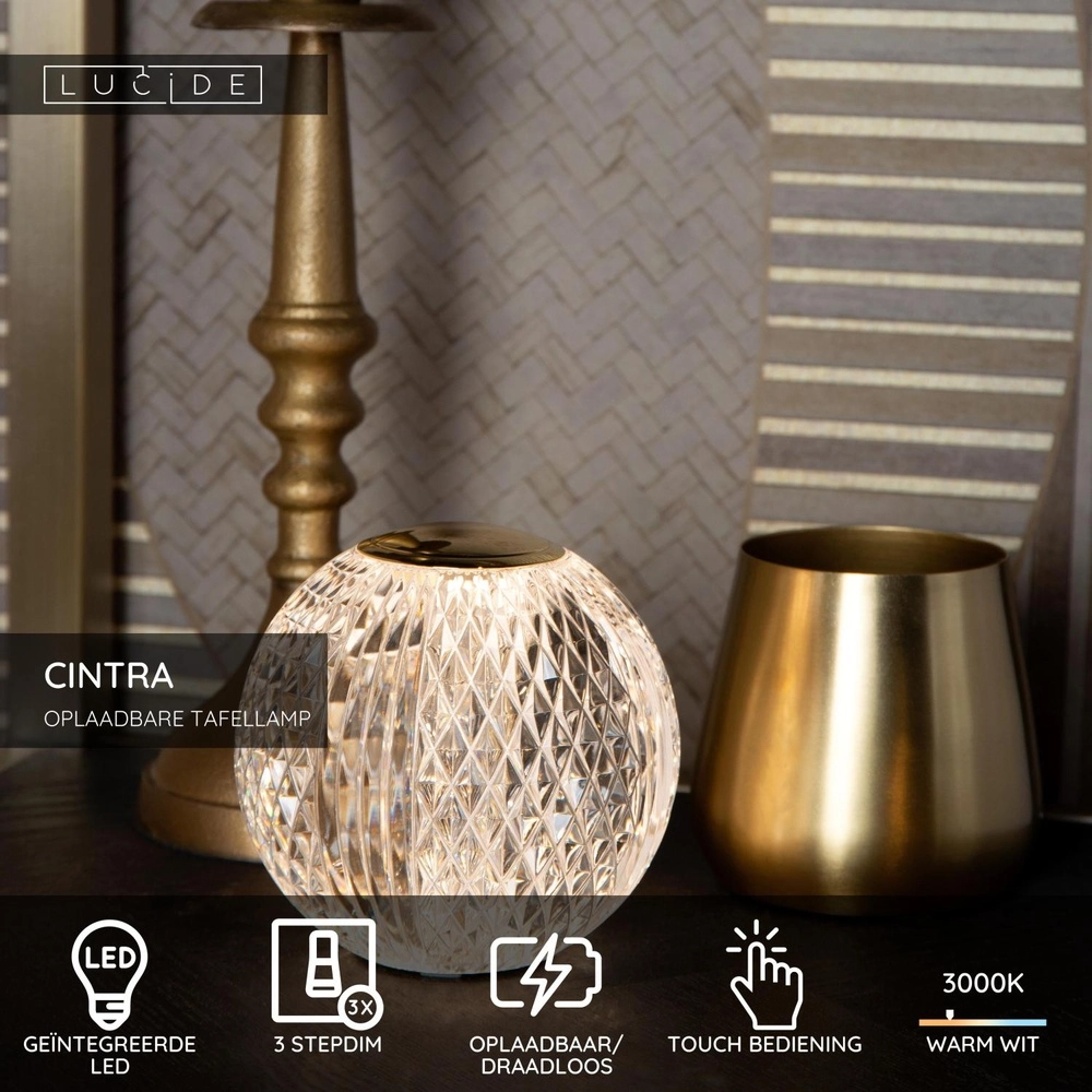 Lampe de table dorée Cintra rechargeable Ø 9cm - 3000K Lucide 5411212134356