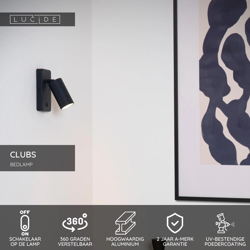 Lampe de chevet Clubs Noir avec interrupteur Lucide 5411212093400