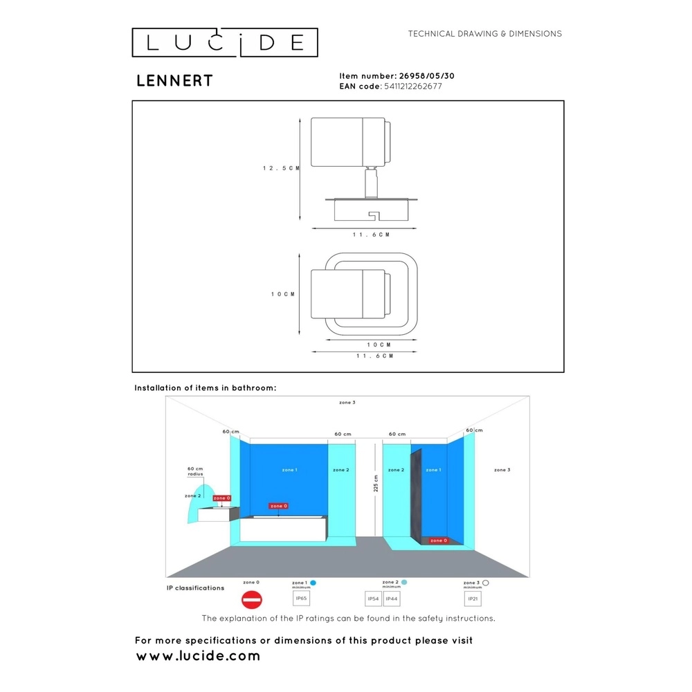 Projecteur de plafond Lennert IP44 noir Lucide 5411212262677