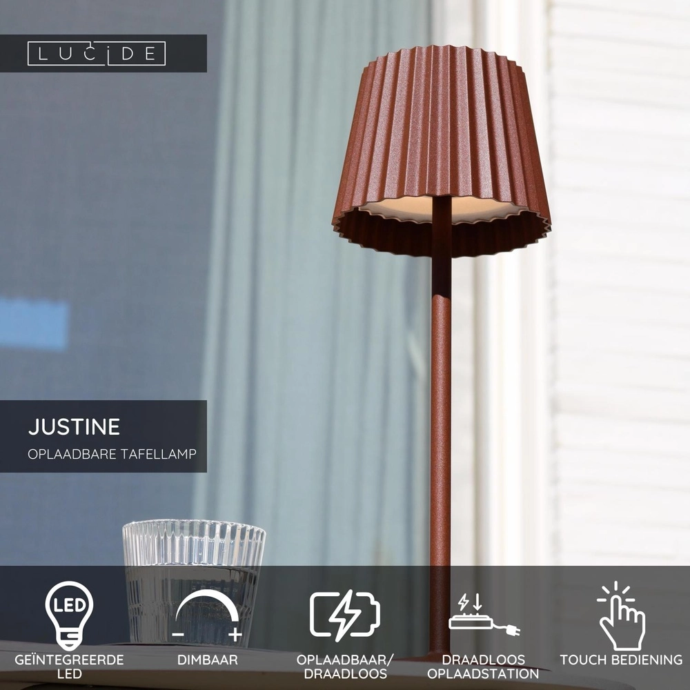 Lampe de table rechargeable Justine Bruit rouille avec station de recharge Lucide 5411212272195