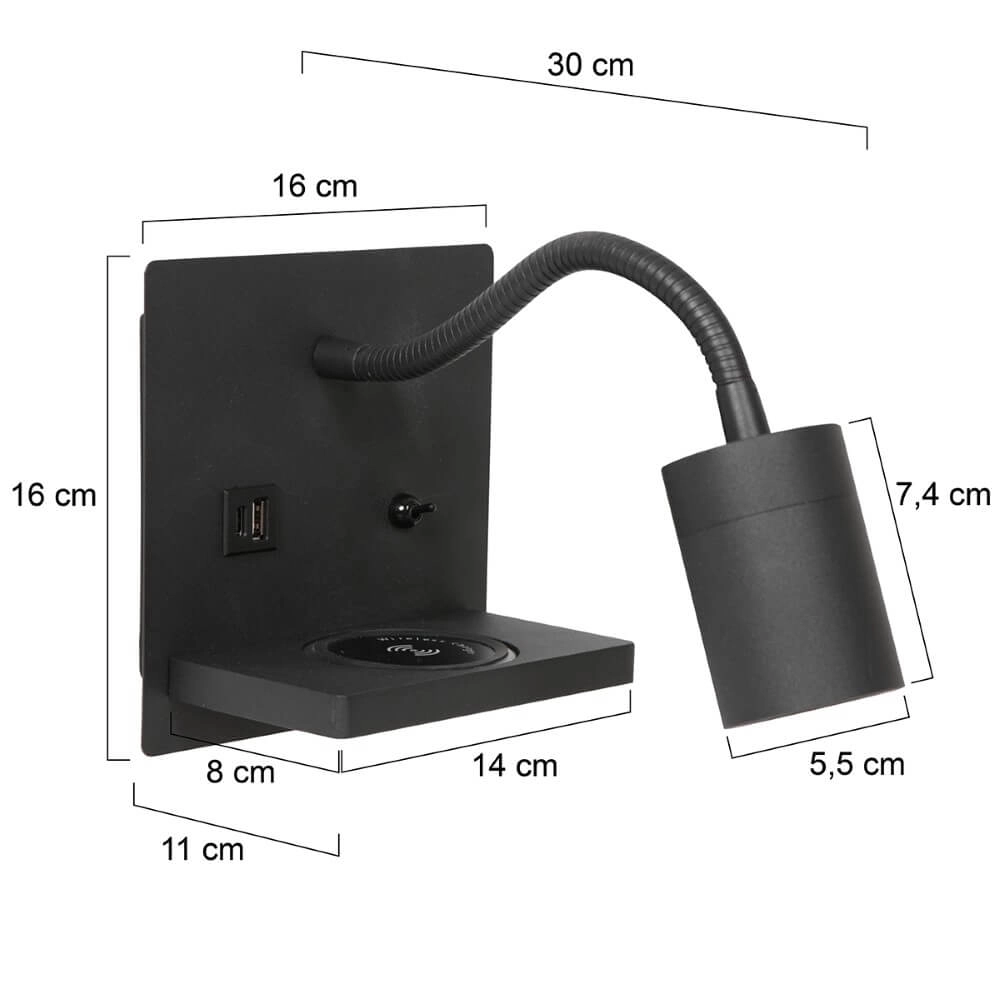 Lampe de chevet noire Upround avec chargeur et USB Steinhauer 8712746170467