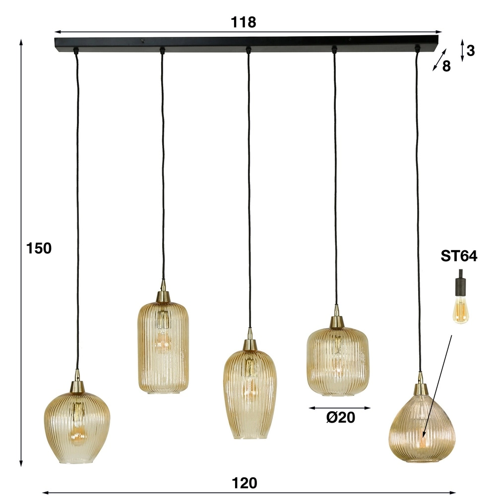 Suspension en verre à 5 lumières Stripe avec verre ambré Lyora 8716803511170