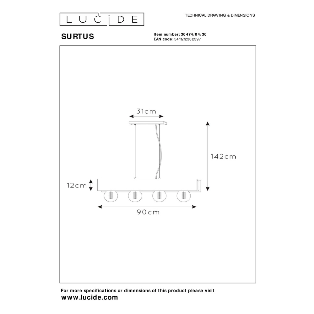Lampe pendante de conception Surtus Noir à 4 lumières Lucide 5411212302397