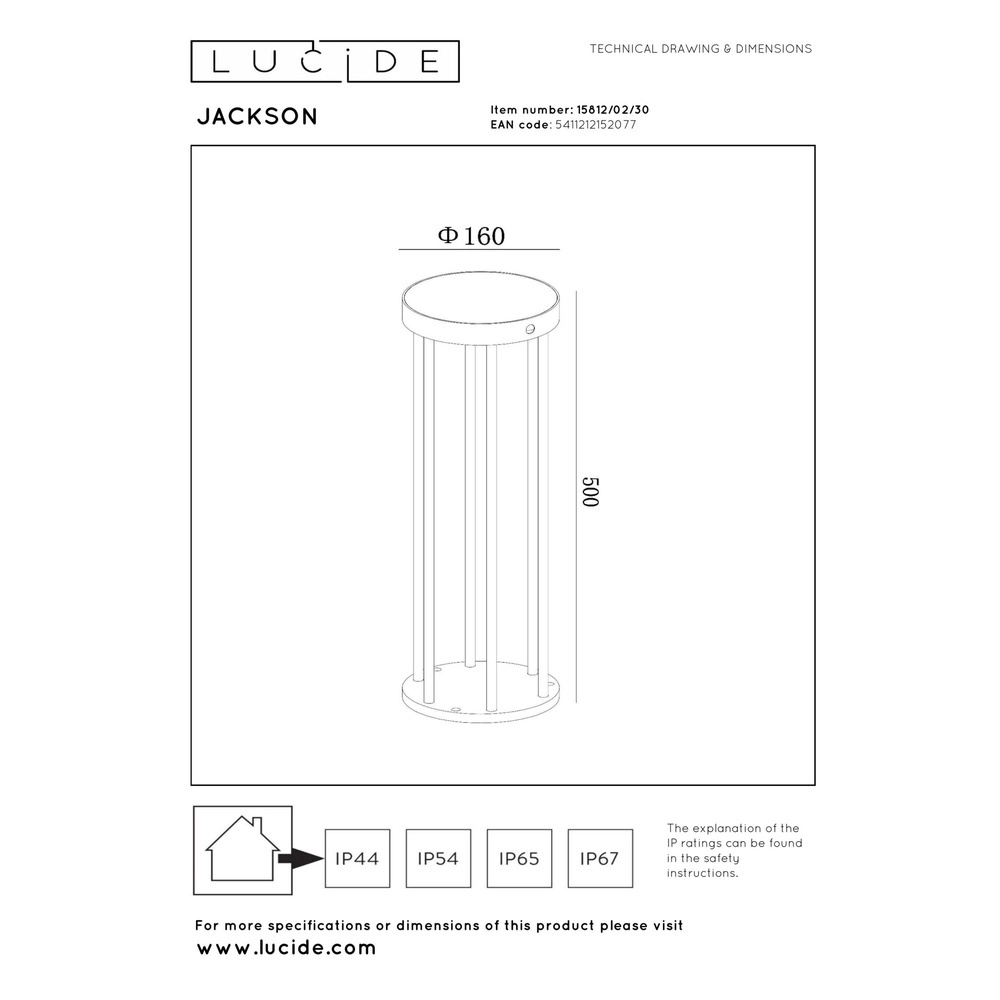 Lampe solaire sur piédestal Jackson 50 cm noir Lucide 5411212152077