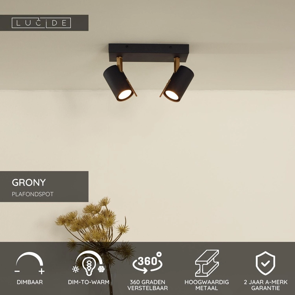 Lampe de plafond Grony 2-noir clair Lucide 5411212176905