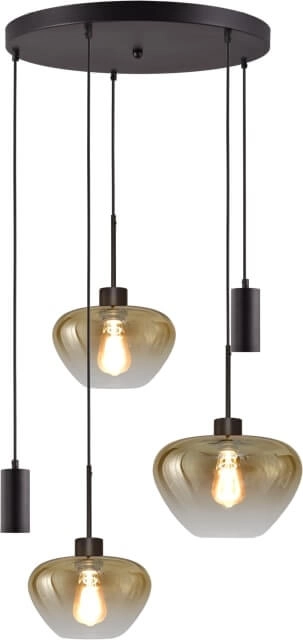 Suspension 5 lumières Genua noir avec 2x verre doré Ø 24cm - 1x Ø 29cm et 2x pendentif