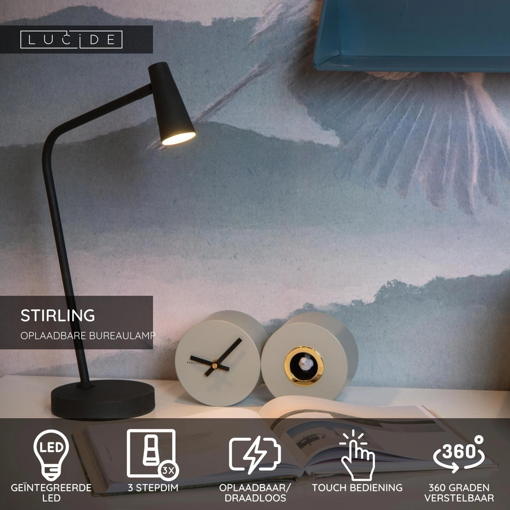 Lampe de table rechargeable Stirling Noir Lucide 5411212361240